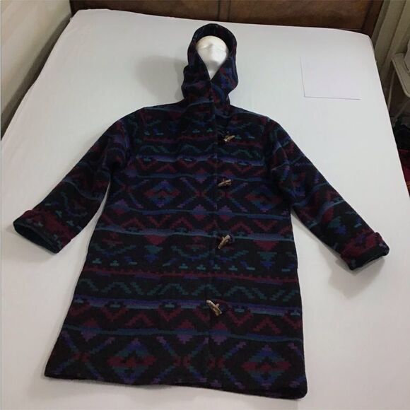 Woolrich Black Longline Aztec Print Hooded Overcoat Size Medium Made In USA - Picture 3 of 13